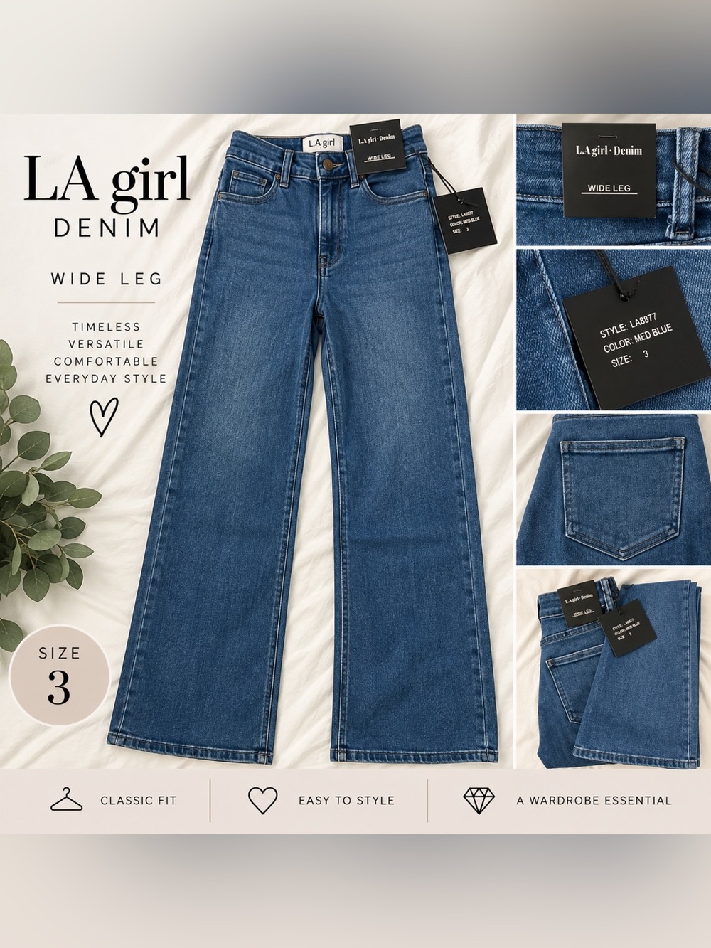 LA Girl Denim Wide Leg Jeans - Medium Blue Size 3